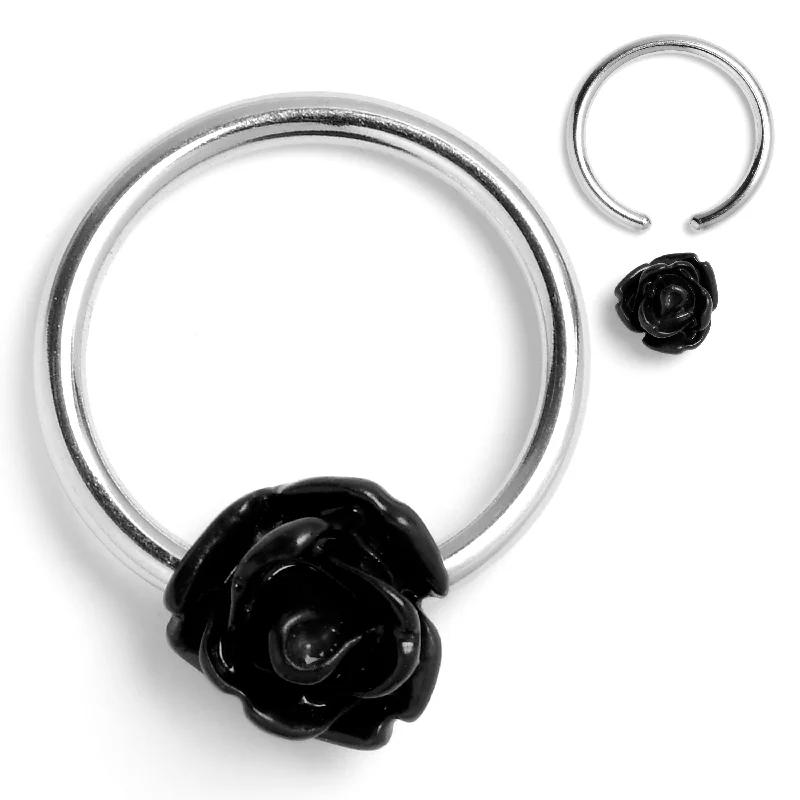 Women's Earrings – Elegant Designs for Every Personality--16 Gauge 3/8 Open Bloom Rose Black BCR Captive Ring