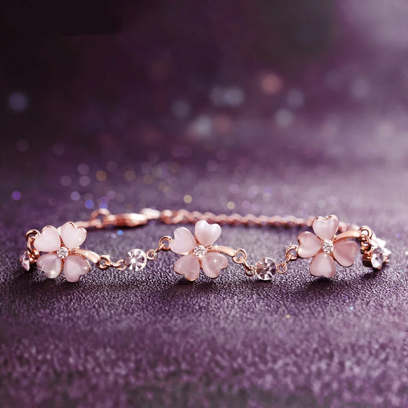 Trendy Bangles for Women-Buddha Stones Pink Crystal Four Leaf Clover Love Chain Bracelet
