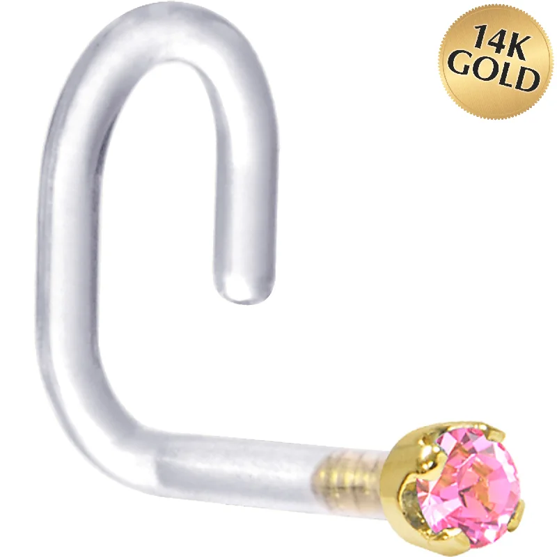 Comfortable and Elegant Nose Rings for Women -18 Gauge 1/4 Yellow Gold 1.5mm Pink Cubic Zirconia Bioplast Nose Ring Comfortable and Elegant Nose Rings for Women -18 Gauge 1/4 Yellow Gold 1.5mm Pink Cubic Zirconia Bioplast Nose Ring