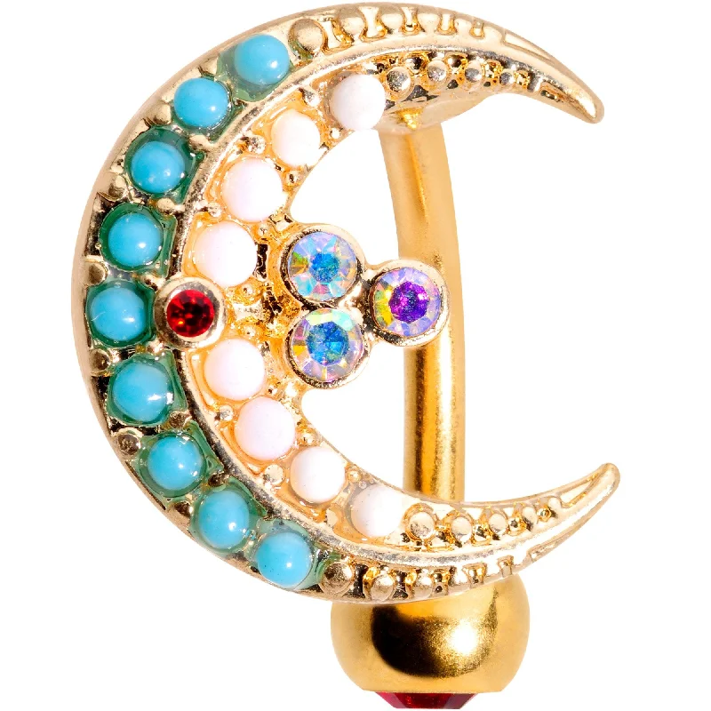 Designer Belly Rings for Fashion-Forward Women -Aurora Gem Gold Tone Plated Crescent Moon Top Mount Belly Ring