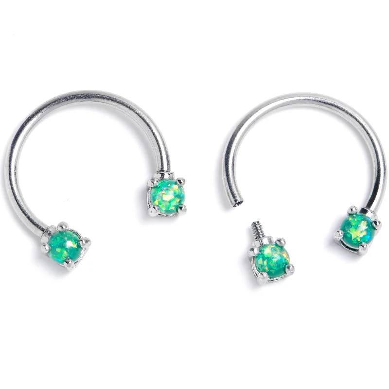 Women's Earrings – Elegant Designs for Every Personality--16 Gauge 3/8 Lt Green Faux Opal Internally Threaded Horseshoe Nipple Ring Set
