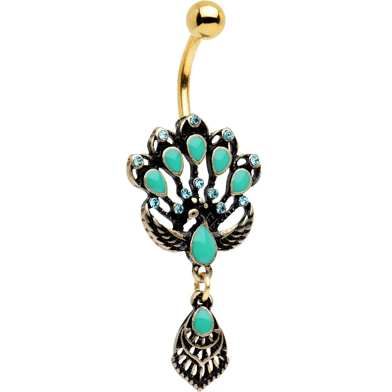 Unique Belly Rings for Bold Look -Aqua Gem Gold PVD Diving Peacock Feather Dangle Belly Ring Unique Belly Rings for Bold Look -Aqua Gem Gold PVD Diving Peacock Feather Dangle Belly Ring
