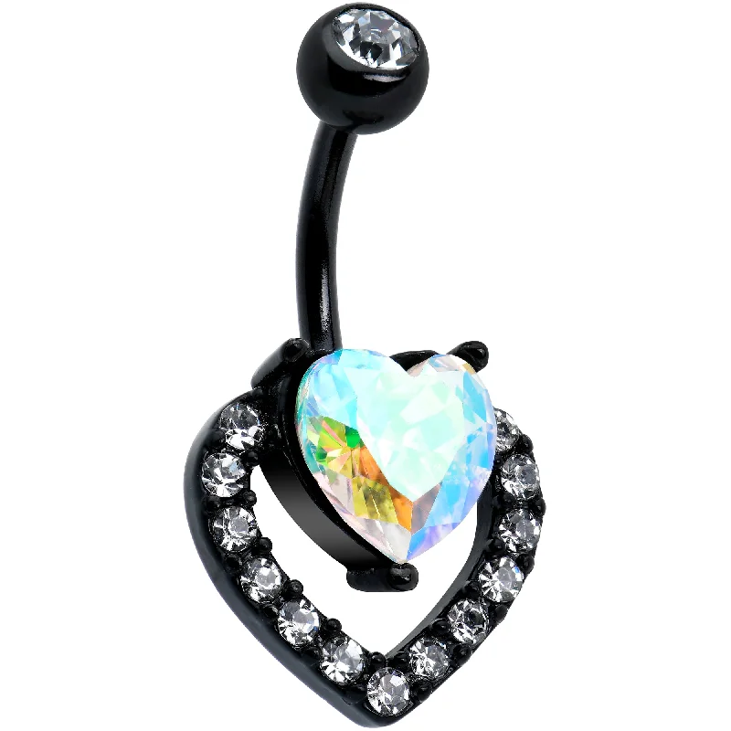 Belly Rings with Gold Finish for Elegant Style -Clear Aurora Gem Black Rococo Hearts Belly Ring Belly Rings with Gold Finish for Elegant Style -Clear Aurora Gem Black Rococo Hearts Belly Ring