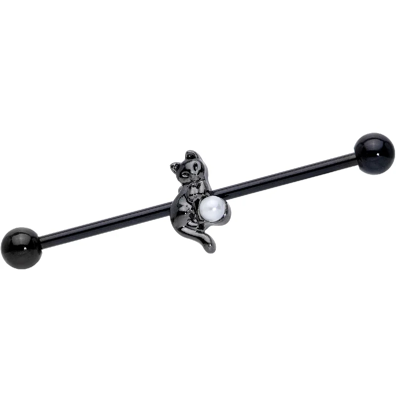 Women's Earrings – Elegant Designs for Every Personality--14 Gauge Black White Gem Black Cat Halloween Industrial Barbell 38mm