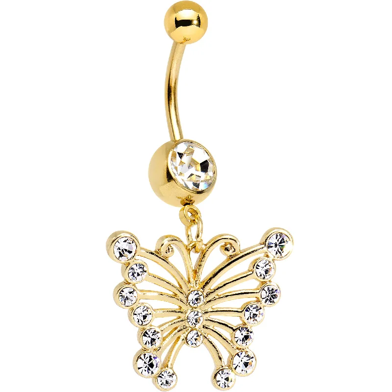 Stylish Belly Rings for Bold Fashion Statements -Clear Gem Gold PVD Brazen Butterfly Dangle Belly Ring Stylish Belly Rings for Bold Fashion Statements -Clear Gem Gold PVD Brazen Butterfly Dangle Belly Ring