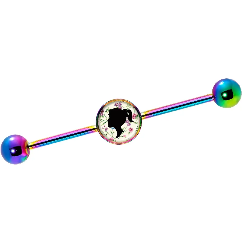 Women's Earrings – Elegant Designs for Every Personality--14 Gauge Woman Floral Silhouette Rainbow Industrial Barbell 37mm Women's Earrings – Elegant Designs for Every Personality--14 Gauge Woman Floral Silhouette Rainbow Industrial Barbell 37mm