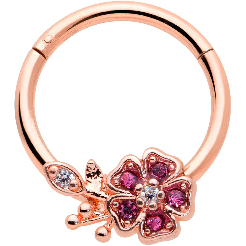 Women's Earrings – Elegant Designs for Every Personality--16 Gauge 3/8 Pink Gem Rose Gold Tone Heart Flower Hinged Segment Ring