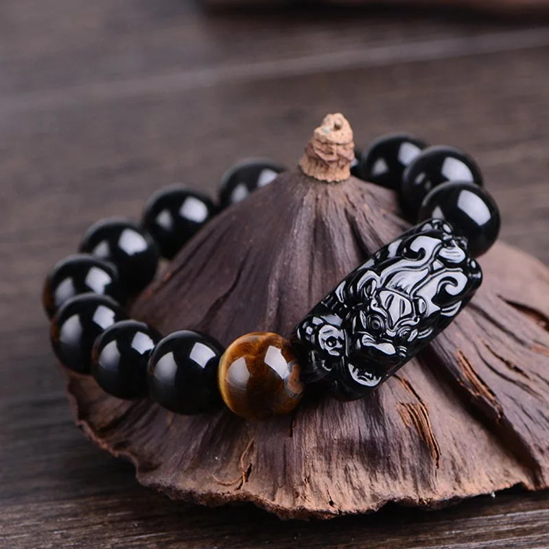 Stylish Men's Watches and Bracelets-Buddha Stones Natural Black Obsidian PiXiu Tiger's Eye Strength Bracelet Stylish Men's Watches and Bracelets-Buddha Stones Natural Black Obsidian PiXiu Tiger's Eye Strength Bracelet