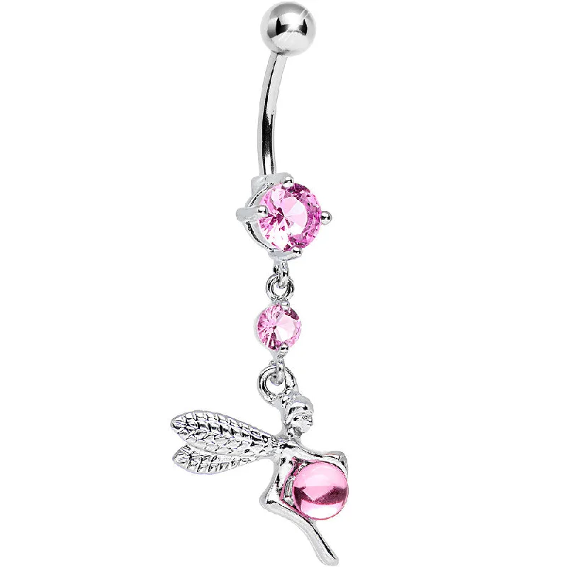 Stylish Belly Rings for Bold Fashion Choices -Pink CZ Playful Orb and Fairy Dangle Belly Ring Stylish Belly Rings for Bold Fashion Choices -Pink CZ Playful Orb and Fairy Dangle Belly Ring