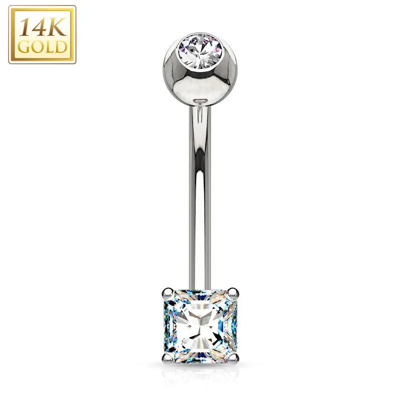 Trendy Belly Rings with Vibrant Details -14k Solid White Gold Prong Set 4mm Princess Cut CZ Belly Ring Trendy Belly Rings with Vibrant Details -14k Solid White Gold Prong Set 4mm Princess Cut CZ Belly Ring