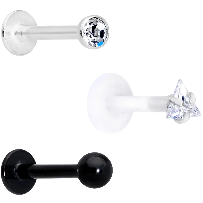 Classic and Elegant Lip Rings for Simple Look16 Gauge 5/16 Clear CZ Gem Bioplast Black Labret Tragus Set of 3