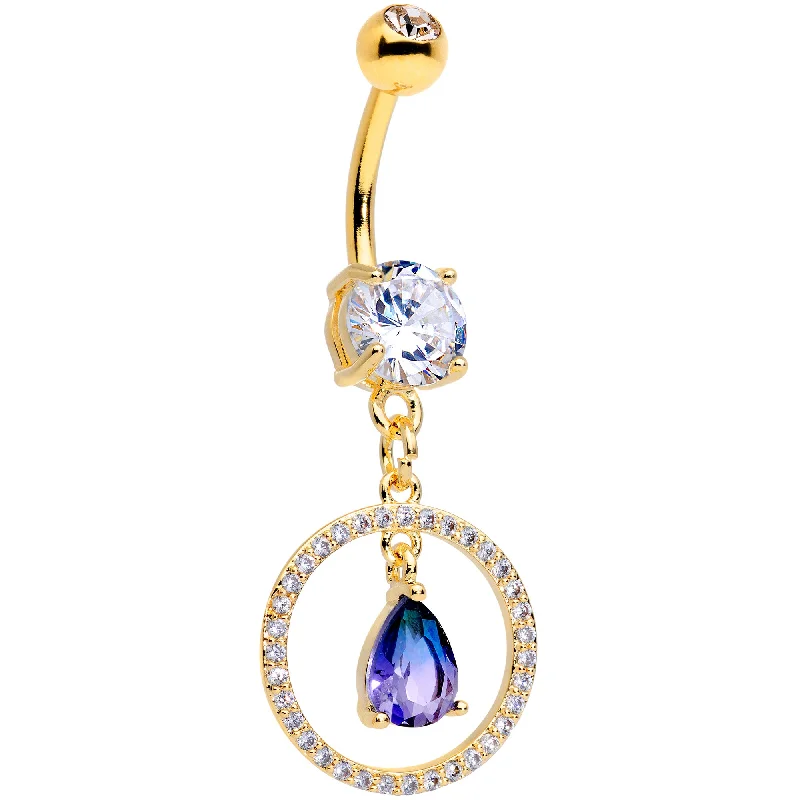 Designer Belly Rings for Unique Fashion -Blue Green CZ Gem Gold Tone Drop Loop Dangle Belly Ring Designer Belly Rings for Unique Fashion -Blue Green CZ Gem Gold Tone Drop Loop Dangle Belly Ring
