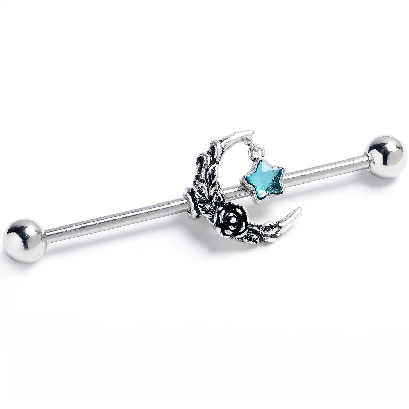 Women's Earrings – Elegant Designs for Every Personality--14 Gauge Blue Gem Ornate Moon Star Industrial Barbell 38mm Women's Earrings – Elegant Designs for Every Personality--14 Gauge Blue Gem Ornate Moon Star Industrial Barbell 38mm