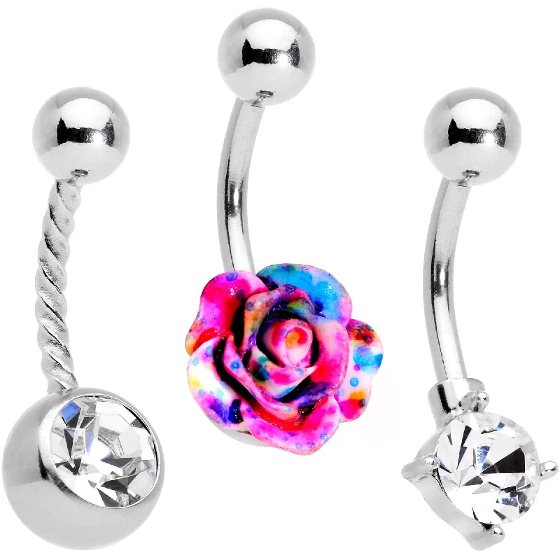Classic Belly Rings with Simple Appeal -Clear Gem Multicolor Three Dimensional Flower Belly Ring Set of 3 Classic Belly Rings with Simple Appeal -Clear Gem Multicolor Three Dimensional Flower Belly Ring Set of 3