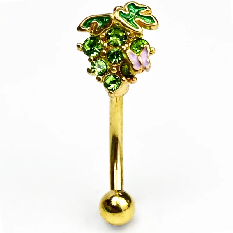 Women's Earrings – Elegant Designs for Every Personality--16 Gauge 5/16 Green Gem Gold Tone Butterfly Grapes Curved Eyebrow Ring
