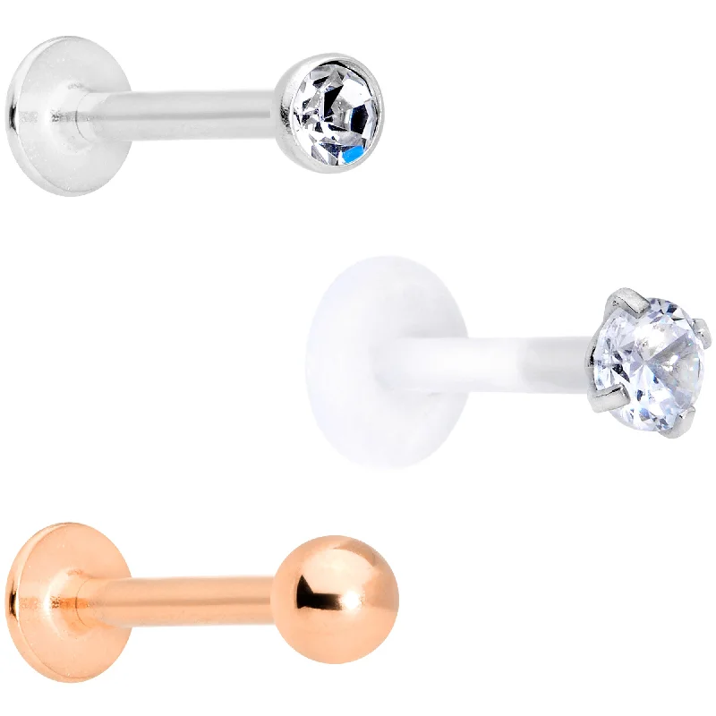 Lip Rings for Bold Piercings and Unique Style16 Gauge 5/16 Clear CZ Gem Rose Gold Tone Bioplast Labret Set of 3