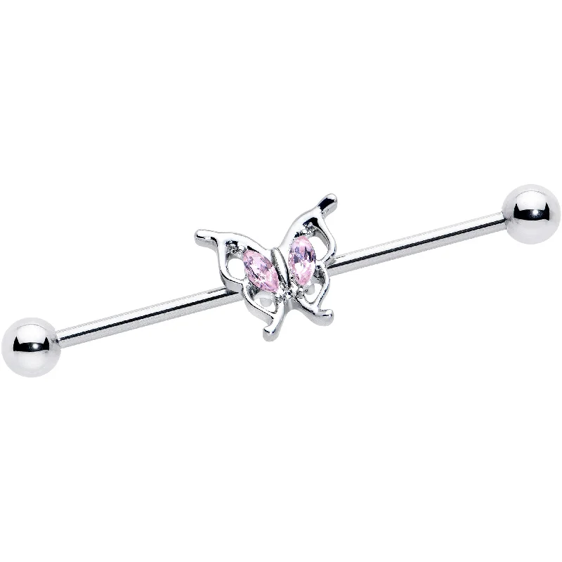 Women's Earrings – Elegant Designs for Every Personality--14 Gauge Pink Gem Fancy Fab Butterfly Industrial Barbell 38mm