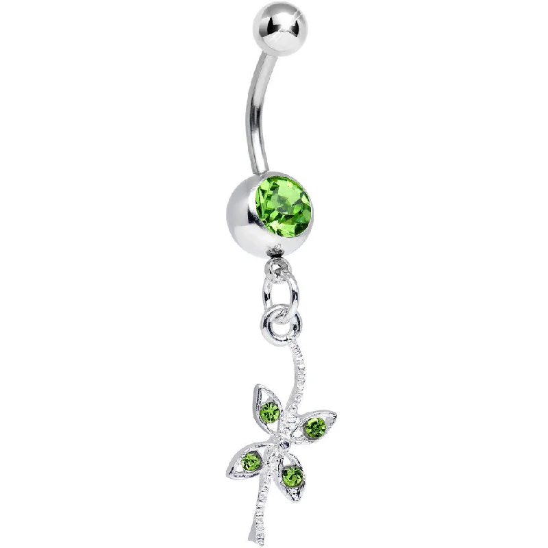 Belly Rings for Everyday Wear -Light Green Gem Gentle Dragonfly Dangle Belly Ring