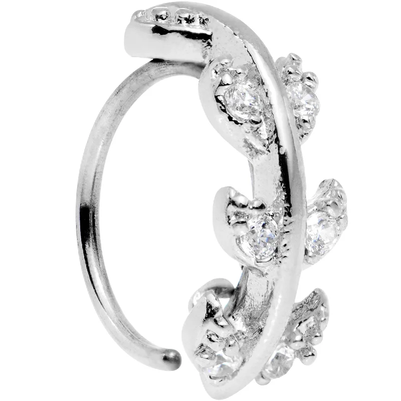 Nose Rings with Moonstone Charm -20 Gauge Clear CZ Gem Leafy Seamless Circular Ring