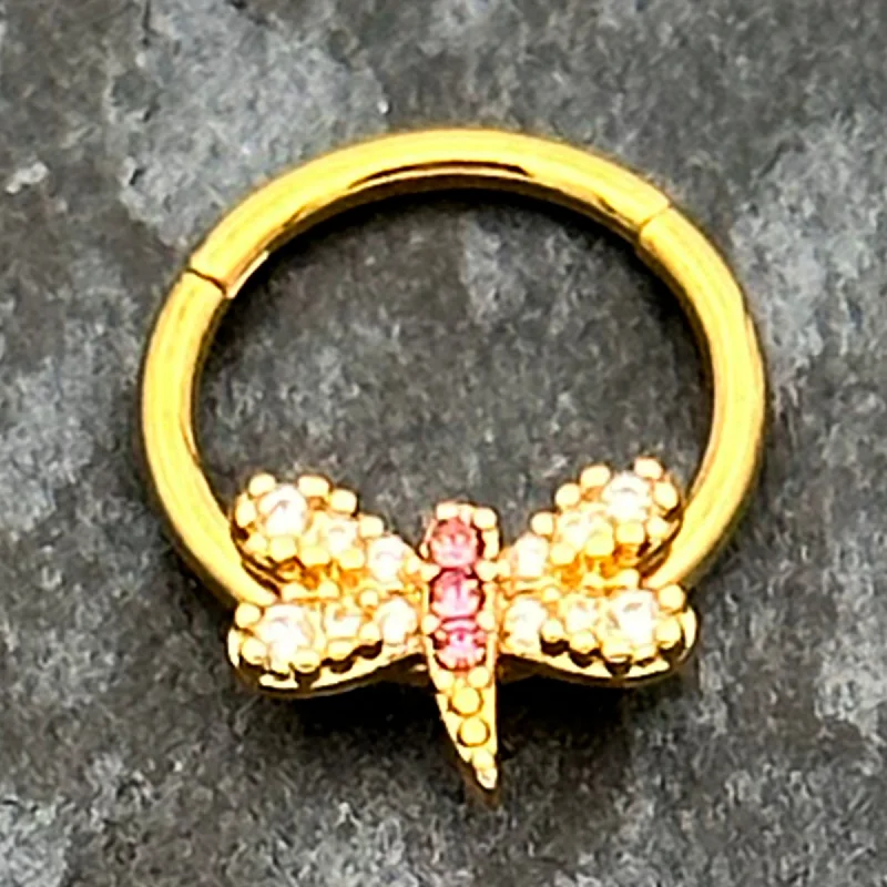 Lightweight Nose Rings -16 Gauge 3/8 Pink Gem Gold Tone Dragonfly Drama Hinged Segment Ring Lightweight Nose Rings -16 Gauge 3/8 Pink Gem Gold Tone Dragonfly Drama Hinged Segment Ring