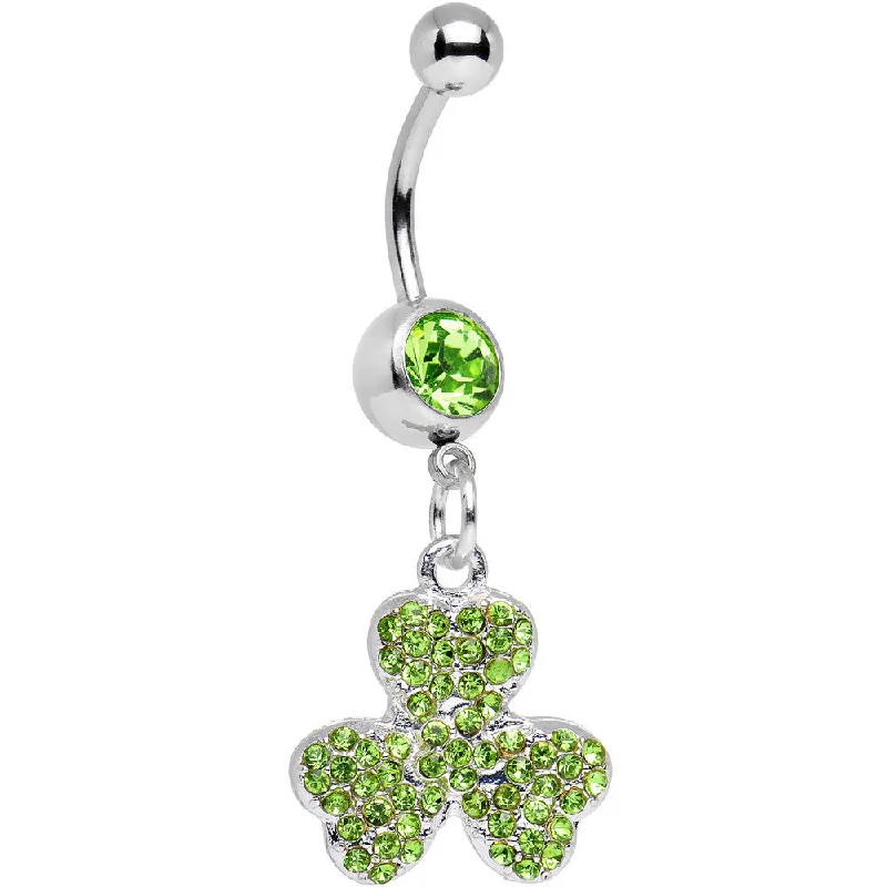 Belly Rings with Dazzling Diamonds -Light Green Gem Almost Lucky Three Leaf Clover Dangle Belly Ring Belly Rings with Dazzling Diamonds -Light Green Gem Almost Lucky Three Leaf Clover Dangle Belly Ring
