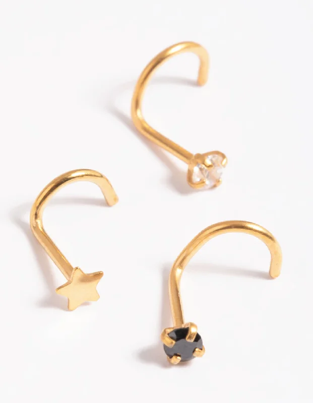 Stylish Nose Rings for Special Occasions -Gold Plated Surgical Steel Diamante Star Nose Stud Pack Stylish Nose Rings for Special Occasions -Gold Plated Surgical Steel Diamante Star Nose Stud Pack