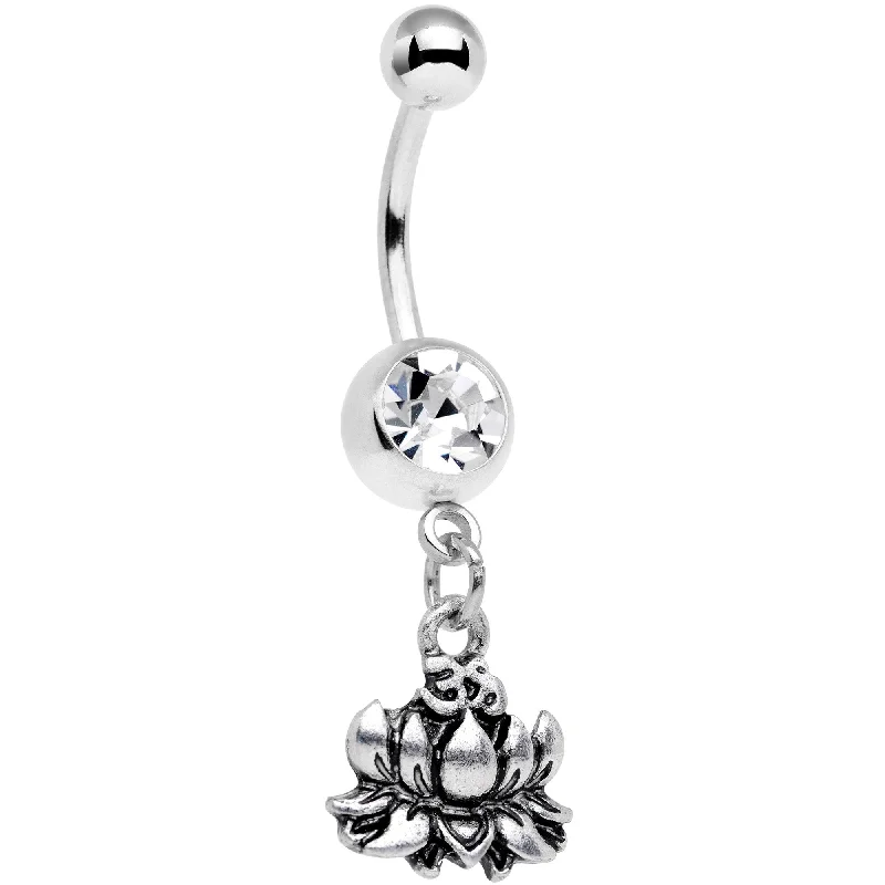 Gold Belly Rings for a Touch of Luxury -Clear Gem Solid Lotus Flower Dangle Belly Ring