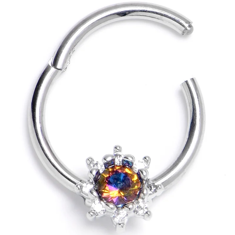 Tribal Nose Rings -16 Gauge 3/8 Vitrail Clear Gem Baroque Sun Hinged Segment Ring