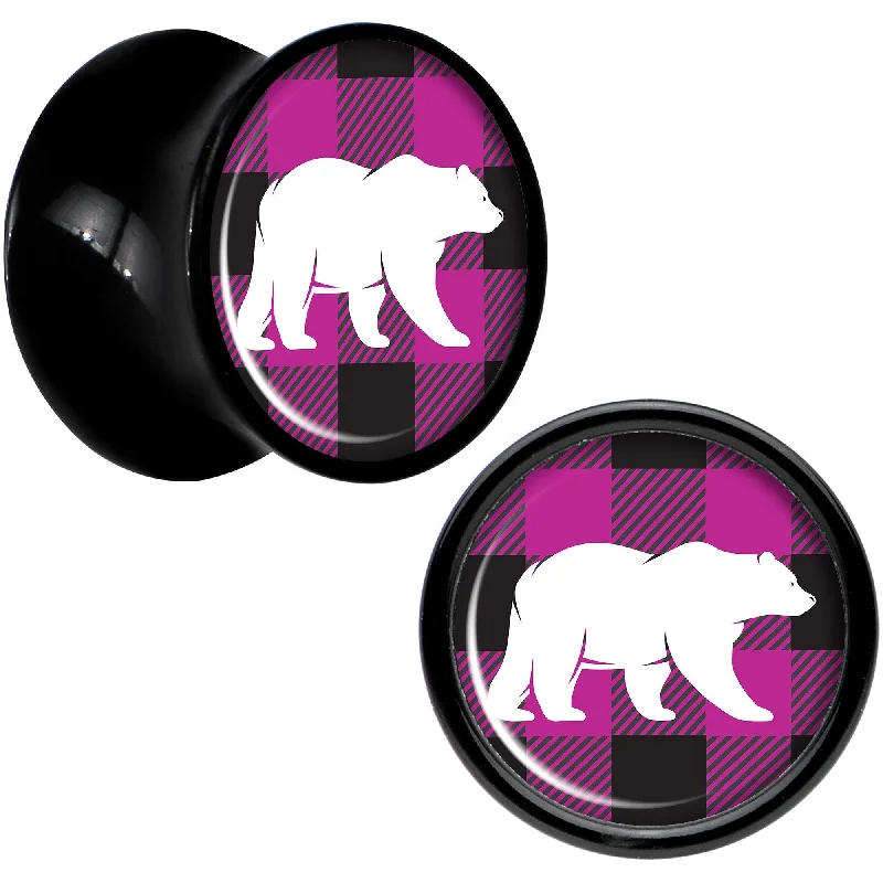 Women's Earrings – Elegant Designs for Every Personality--Pink Black Plaid Polar Bear Black Acrylic Saddle Plug Set Sizes 5mm to 20mm