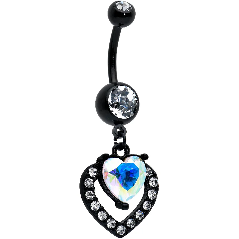 Beautiful Belly Rings with Gemstone Details -Clear Aurora Gem Black Rococo Heart Dangle Belly Ring Beautiful Belly Rings with Gemstone Details -Clear Aurora Gem Black Rococo Heart Dangle Belly Ring