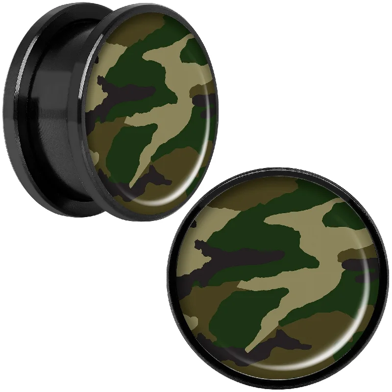 Women's Earrings – Elegant Designs for Every Personality--Woodland Camo Print Black Anodized Screw Fit Plug Set 18mm Women's Earrings – Elegant Designs for Every Personality--Woodland Camo Print Black Anodized Screw Fit Plug Set 18mm