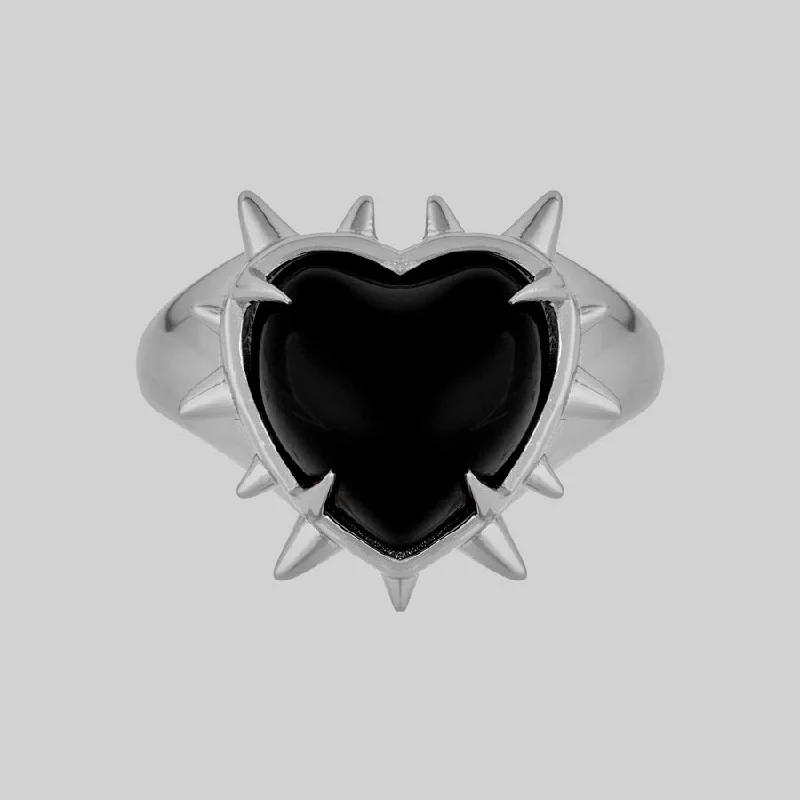 Chic Women's Rings for Fashion-Forward Looks-VOID. Spiked Black Glass Heart Ring - Silver