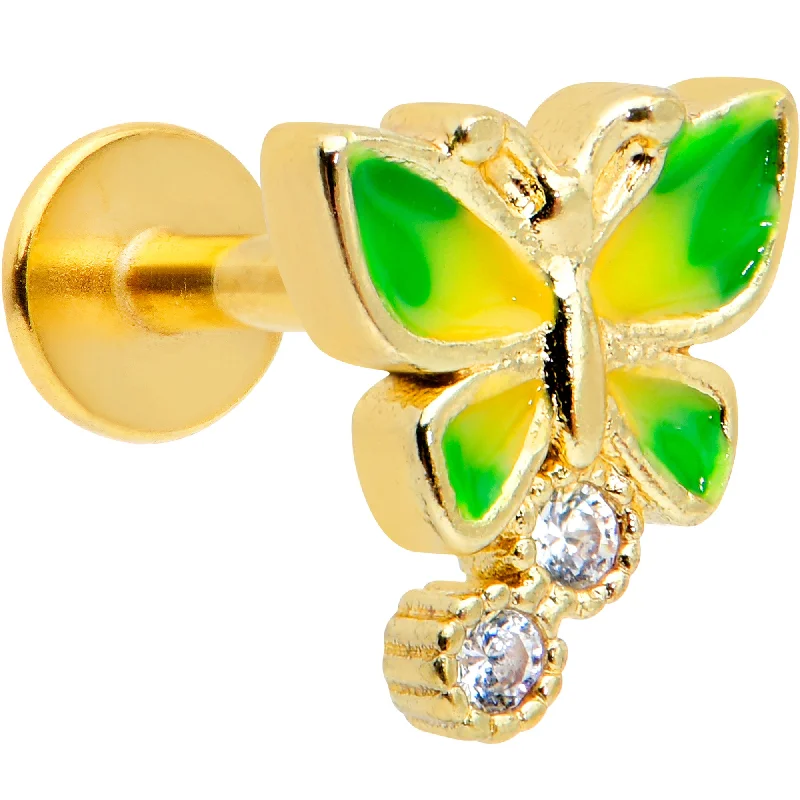 Stylish Lip Rings for Modern Appeal16 Gauge 1/4 Clear CZ Gem Gold Tone Green Butterfly Labret Tragus