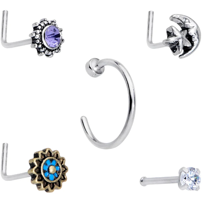 14k Gold Nose Rings -20 Gauge Clear CZ Gem Sun Moon Assorted L Shaped Nose Ring Set of 6 14k Gold Nose Rings -20 Gauge Clear CZ Gem Sun Moon Assorted L Shaped Nose Ring Set of 6