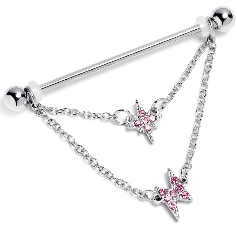 Women's Earrings – Elegant Designs for Every Personality--14 Gauge Pink Gem Starry Lightning Chain Dangle Industrial Barbell 38mm