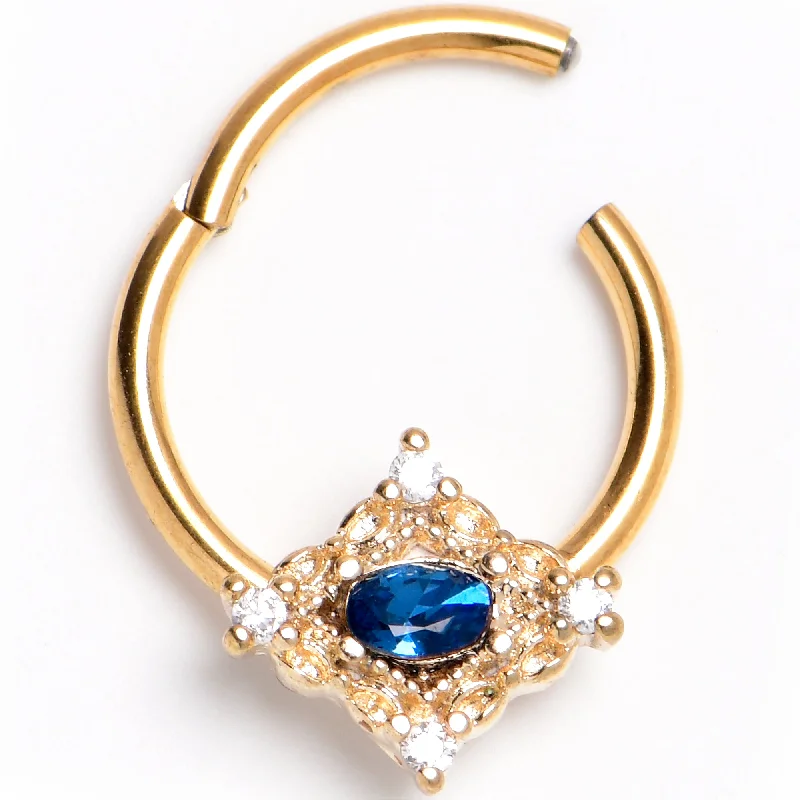 Women's Earrings – Elegant Designs for Every Personality--16 Gauge 3/8 Blue Gem Gold Tone Rich Rhombus Hinged Segment Ring