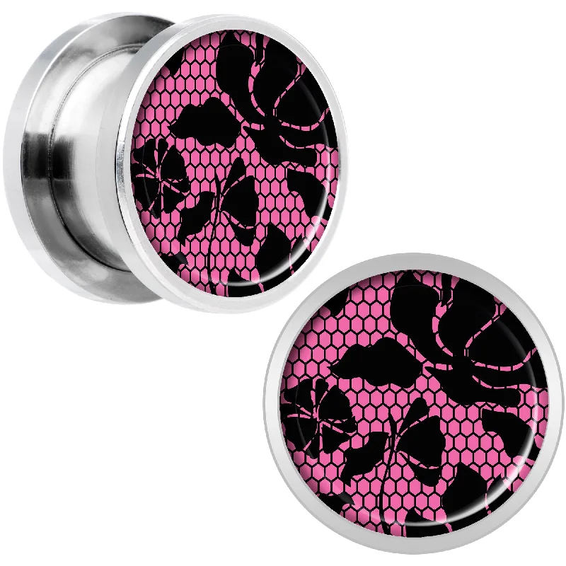 Women's Earrings – Elegant Designs for Every Personality--Pink Floral Lace Steel Screw Fit Plug Set 1/2 Women's Earrings – Elegant Designs for Every Personality--Pink Floral Lace Steel Screw Fit Plug Set 1/2