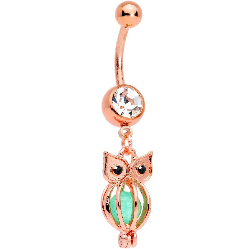 Stunning Belly Rings for Trendy Women -Black Clear Gem Rose Gold Tone Glow in the Dark Owl Dangle Belly Ring Stunning Belly Rings for Trendy Women -Black Clear Gem Rose Gold Tone Glow in the Dark Owl Dangle Belly Ring