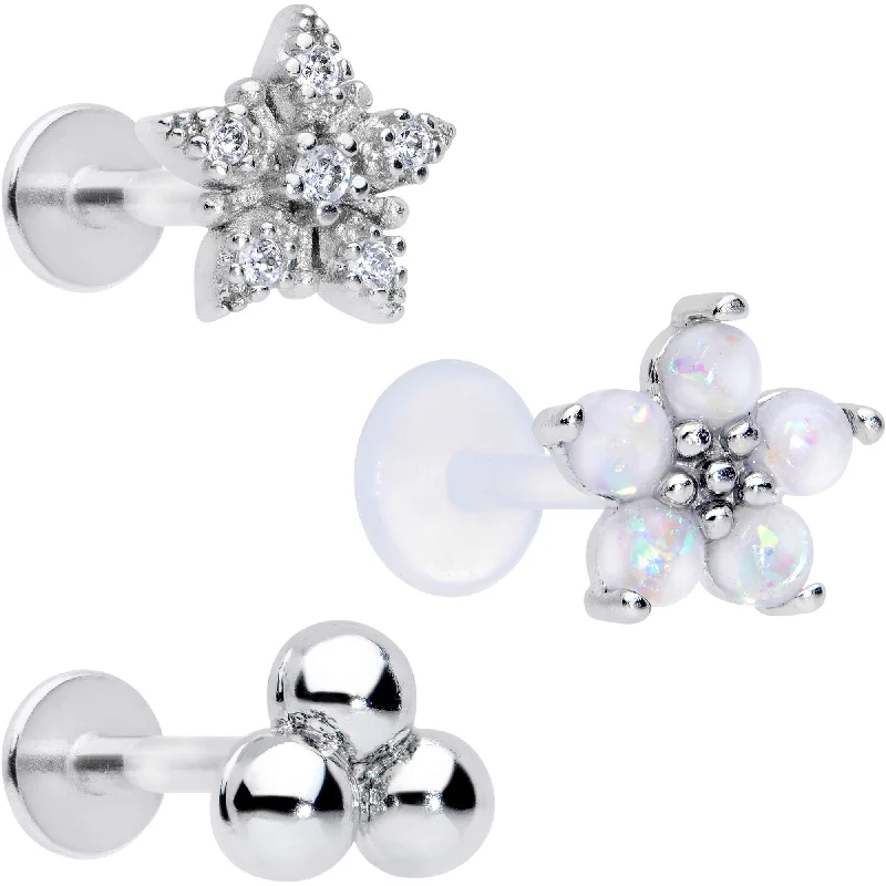 Beautiful Lip Rings for Glowing Fashion16 Gauge 5/16 CZ Gem White Faux Opal Bioplast Labret Tragus Set of 3
