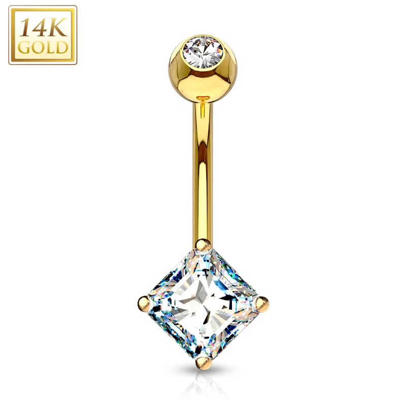 Comfortable Belly Rings for Chic and Stylish Fashion -14k Solid Yellow Gold Prong Set 5mm Princess Cut CZ Belly Ring Comfortable Belly Rings for Chic and Stylish Fashion -14k Solid Yellow Gold Prong Set 5mm Princess Cut CZ Belly Ring
