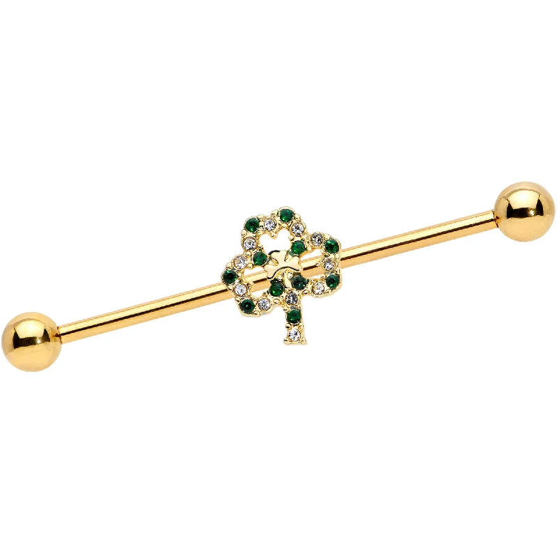 Women's Earrings – Elegant Designs for Every Personality--14 Gauge Green Gem Gold Tone Double Shamrock Industrial Barbell 38mm Women's Earrings – Elegant Designs for Every Personality--14 Gauge Green Gem Gold Tone Double Shamrock Industrial Barbell 38mm