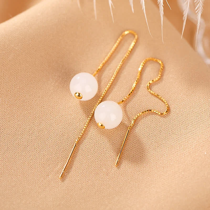Women's Earrings – Elegant Designs for Every Personality--Buddha Stones 925 Sterling Silver White Jade Beaded Happiness Drop Earrings