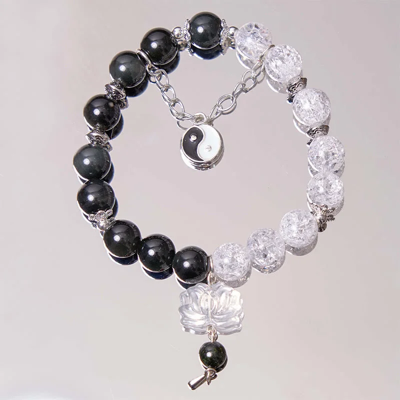 Men's Wooden Bracelets-Buddha Stones Silver Sheen Obsidian Crackle Clear Quartz Black Rutilated Quartz Yin Yang Lotus Protection Bracelet Men's Wooden Bracelets-Buddha Stones Silver Sheen Obsidian Crackle Clear Quartz Black Rutilated Quartz Yin Yang Lotus Protection Bracelet