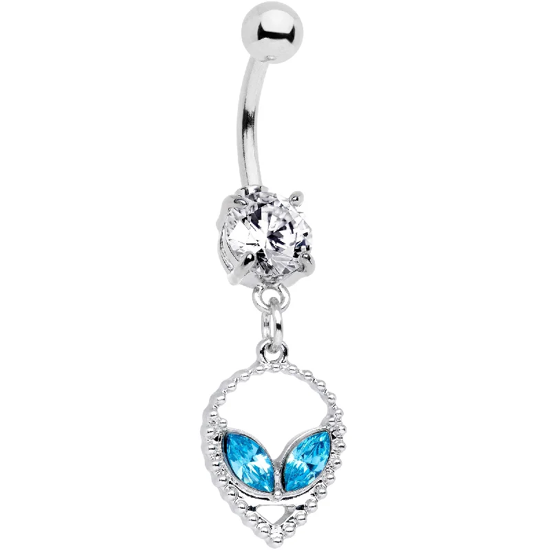 Silver Belly Rings for Classic Look -Clear Aqua CZ Gem Hollow Alien Dangle Belly Ring Silver Belly Rings for Classic Look -Clear Aqua CZ Gem Hollow Alien Dangle Belly Ring