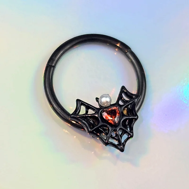 Statement Nose Rings -16 Gauge 3/8 Red Gem Black Gothic Bat Heart Hinged Segment Ring