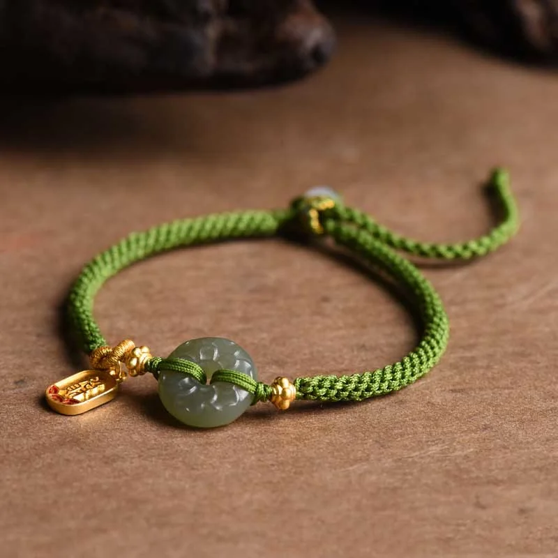 Elegant Bangles for Women with Subtle Stones-Buddha Stones Green Jade Peace Buckle Green Rope Bracelet Elegant Bangles for Women with Subtle Stones-Buddha Stones Green Jade Peace Buckle Green Rope Bracelet