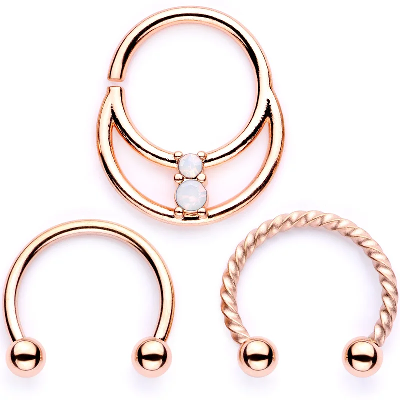 Gold Nose Rings with Subtle Designs -16 Gauge 3/8 White Faux Opal Rose Gold Tone Twisted Horseshoe BCR Captive Ring Set Gold Nose Rings with Subtle Designs -16 Gauge 3/8 White Faux Opal Rose Gold Tone Twisted Horseshoe BCR Captive Ring Set