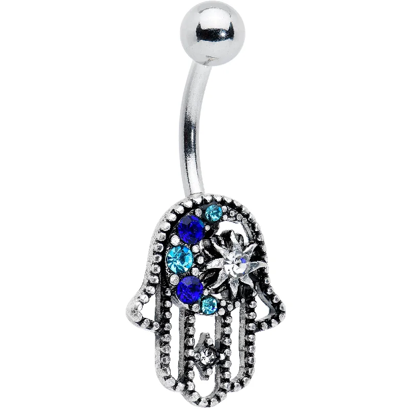 Belly Rings with Vintage Charm -Clear Blue Gem Textured Hamsa Hand Belly Ring