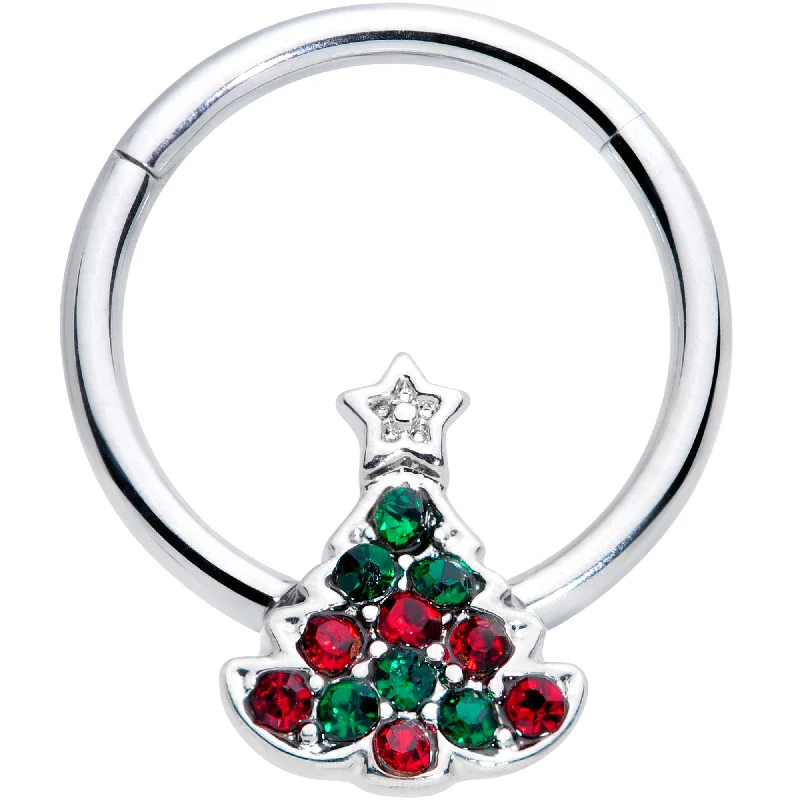 Nose Rings for Elegant Everyday Wear -16 Gauge 3/8 Red Green Gem Starry Christmas Tree Hinged Segment Ring Nose Rings for Elegant Everyday Wear -16 Gauge 3/8 Red Green Gem Starry Christmas Tree Hinged Segment Ring