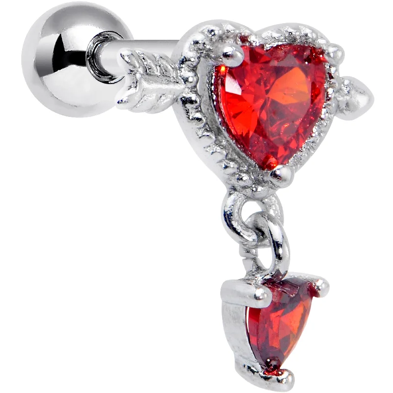 Women's Earrings – Elegant Designs for Every Personality--16 Gauge 1/4 Red Gem Fusion of Love Arrow Heart Cartilage Earring